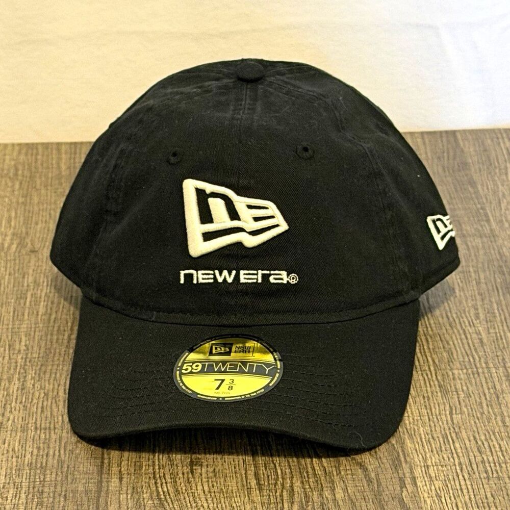 New Era Baseball Cap Men's Fitted Hat Black Solid Casual Size 7 3/8